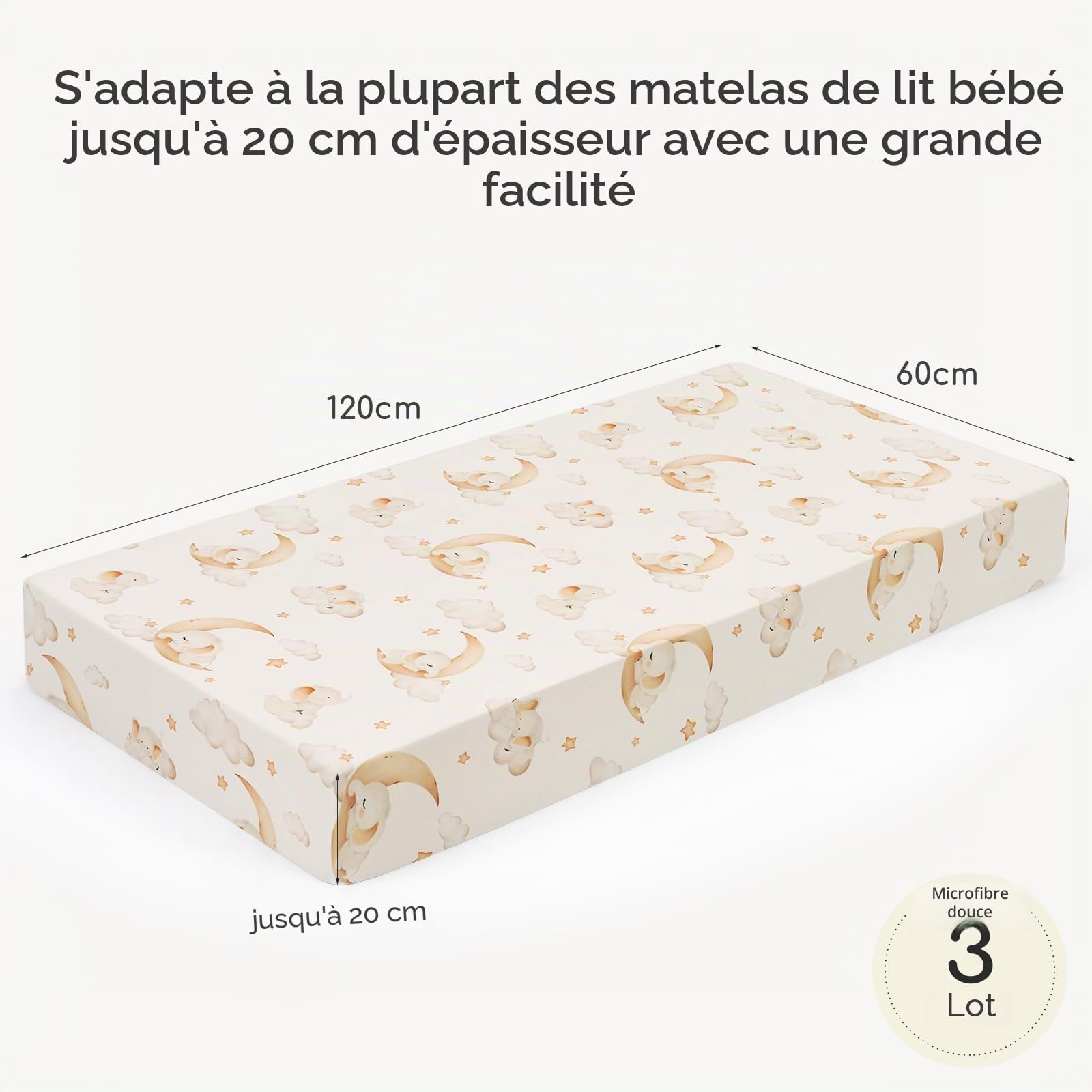 Drap Housse 60x120 Lit Bébé – Lot de 3 Drap Housse Bébé en Microfibre Respirante Drap Lit Bébé Ajustable avec Élastique 360° pour Lit et Berceau Ballon Brun