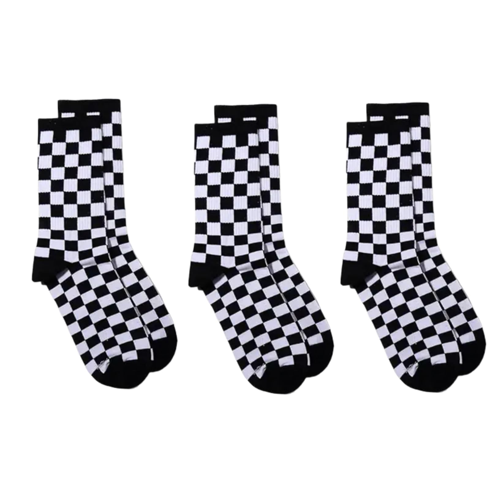 Nlinlin 3Pairs Black Fashion Harajuku Trends Women Checkerboard Socks Geometric Checkered Socks Men Hip Hop Cotton Unisex Print Skateboard