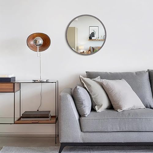 Miniatura 360 de JJUUYOU Espejo circular de pared redondo para baño, espejo de tocador gris, pequeño círculo decorativo para pared, marco de madera, espejo