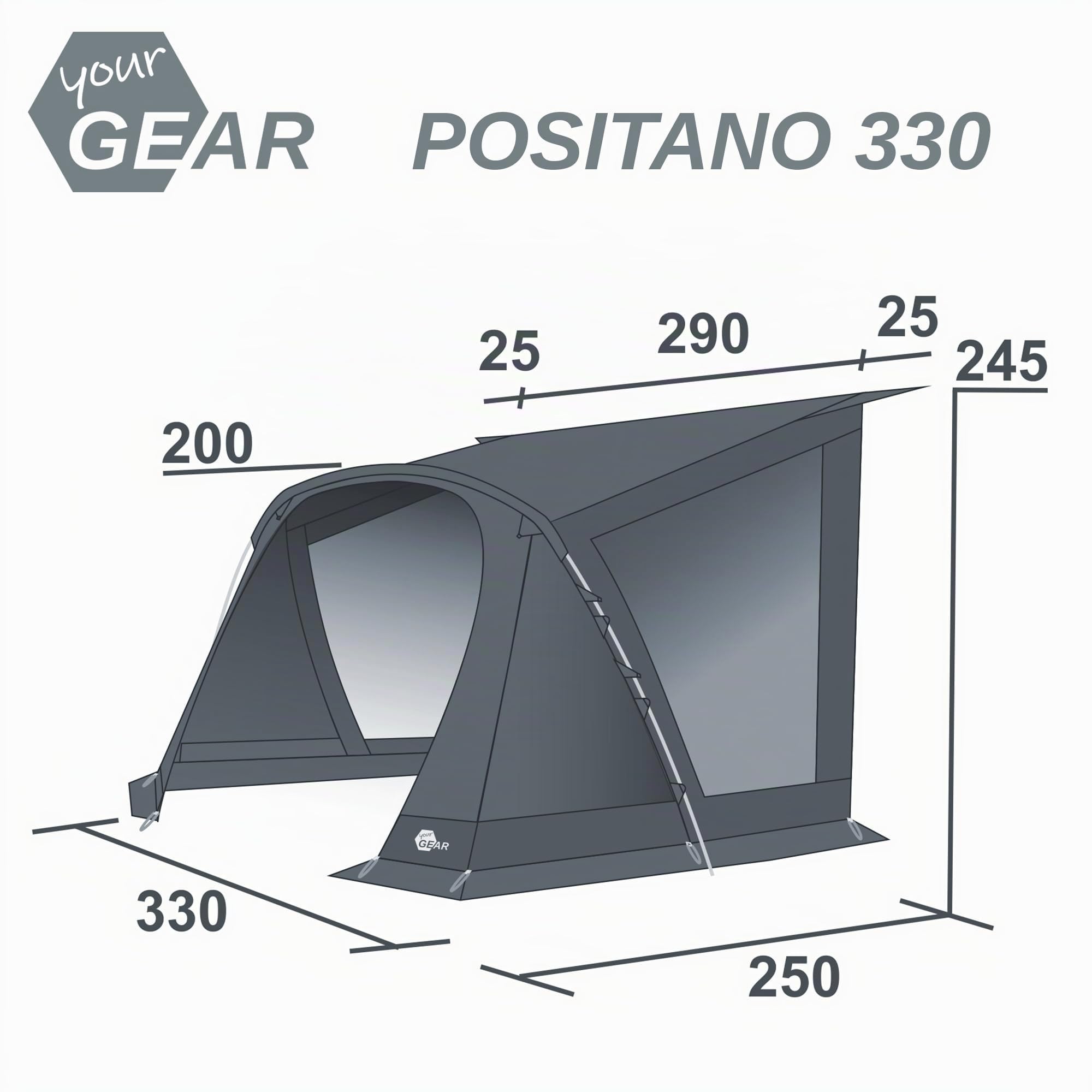 your GEAR Positano 330 - Tienda de campaña para caravana con 4 ventanas y puerta grande. Tienda de campaña con protección UV 50+ con estructura de aluminio
