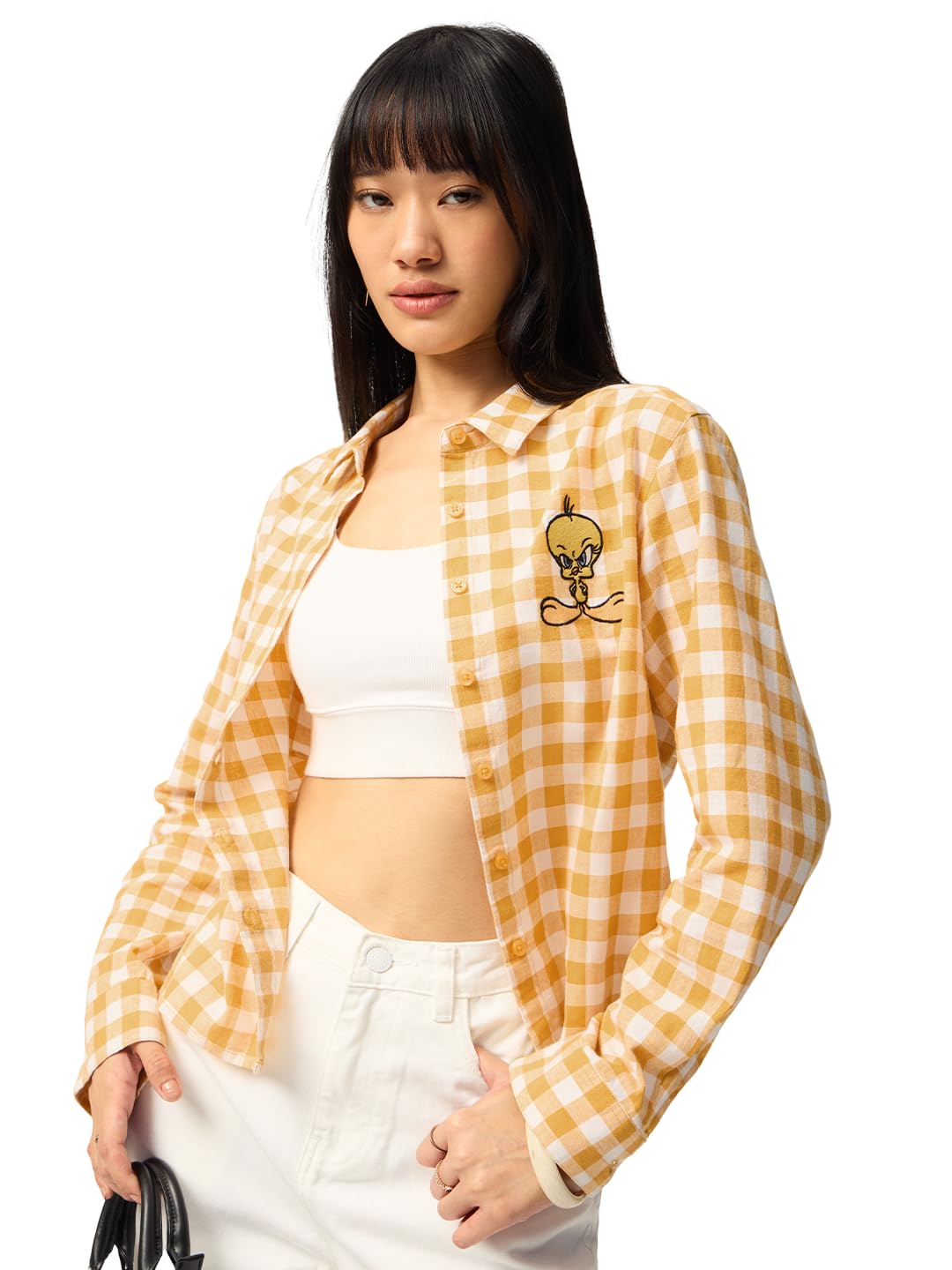 The Souled Store Looney Tunes: Tweety Donne e Ragazze Maniche Piene Colletto Giallo A Scacchi Misto Cotone Lino Vestibilità Regolare Leggero Pop-Culture Camicia Ricamata per Abbigliamento Casual