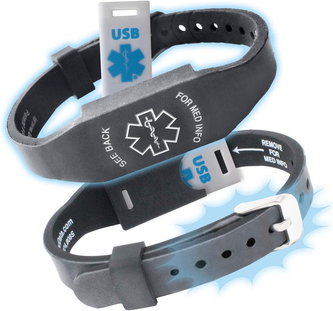 Elite II USB Medical Alert Bracelet โ Hypoallergenic Silicone Wristband w/ 2GB Waterproof Flash Drive, Engraved ID Plate, and Emergency Medical Card โ Includes Access to Personal Health Record Portal,