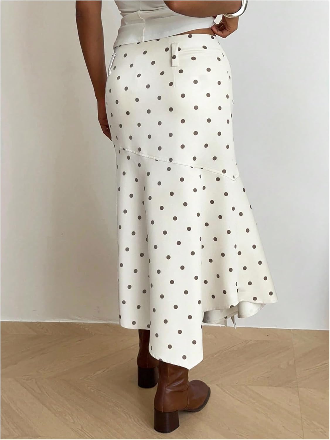 MakeMeChic Women's Polka Dots Midi Skirt Low Waist Asymmetrical Hem Ruffle Summer Skirts