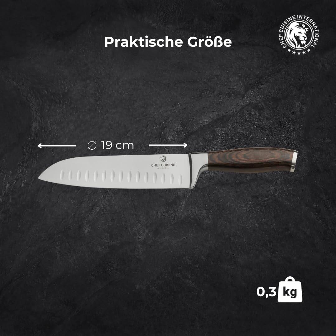 CHEF CUISINE Santoku-Messer, Klingenlänge 180 mm, Spezieller Klingenstahl, Eisgehärtet, Handgeschliffen & poliert, Fugenlose Verbindung, Ergonomischer Griff