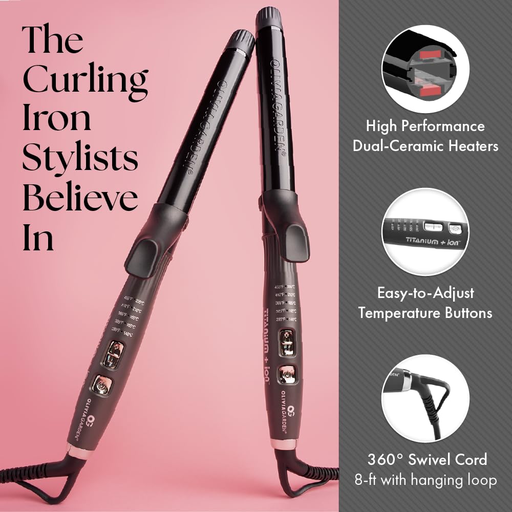 Olivia Garden Titanium + Ion High Performance Professional Curling Iron - Dual Voltage, Snag-Free Styling - Fast Heat Up to 455°F with Heat Resistant Heat Mat/Pouch
