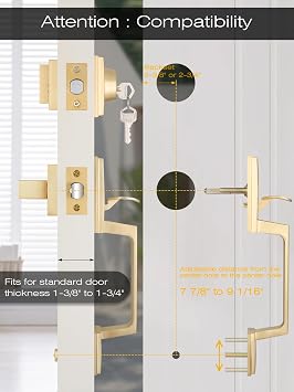 Gold Double Door Handle Set, Front Door Lock Set with Deadbolt, Front Door Handle for Exterior Door, Keyed Entry Door Lever, Left & Right Doors Reversible, Front Door Hardware, Satin Brass Finish