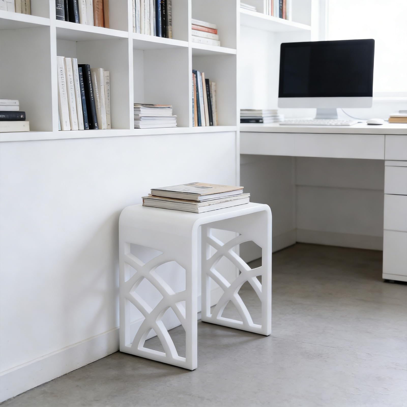 Banco de ducha de acrílico, hasta 300 kg, blanco, taburete de ducha, moderno taburete de ducha de acrílico en forma de U, taburete de baño para baño, salón, entrada, dormitorio (40 x 27 x