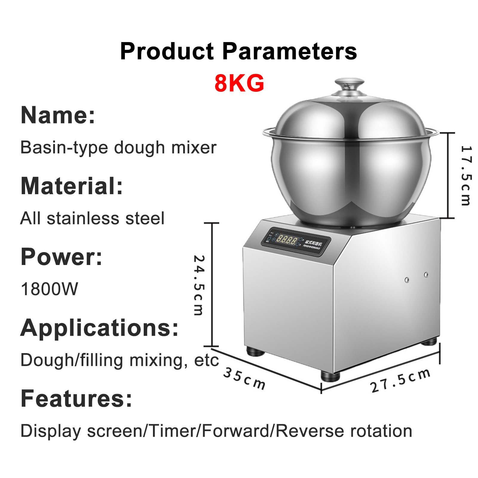 5KG/8KG Teigmacher mit Gärfunktion, 1800W Elektrischer Teigmacher, Küchen-Brotknetmaschine, für Brot, Pizza, Knödelteig 8KG