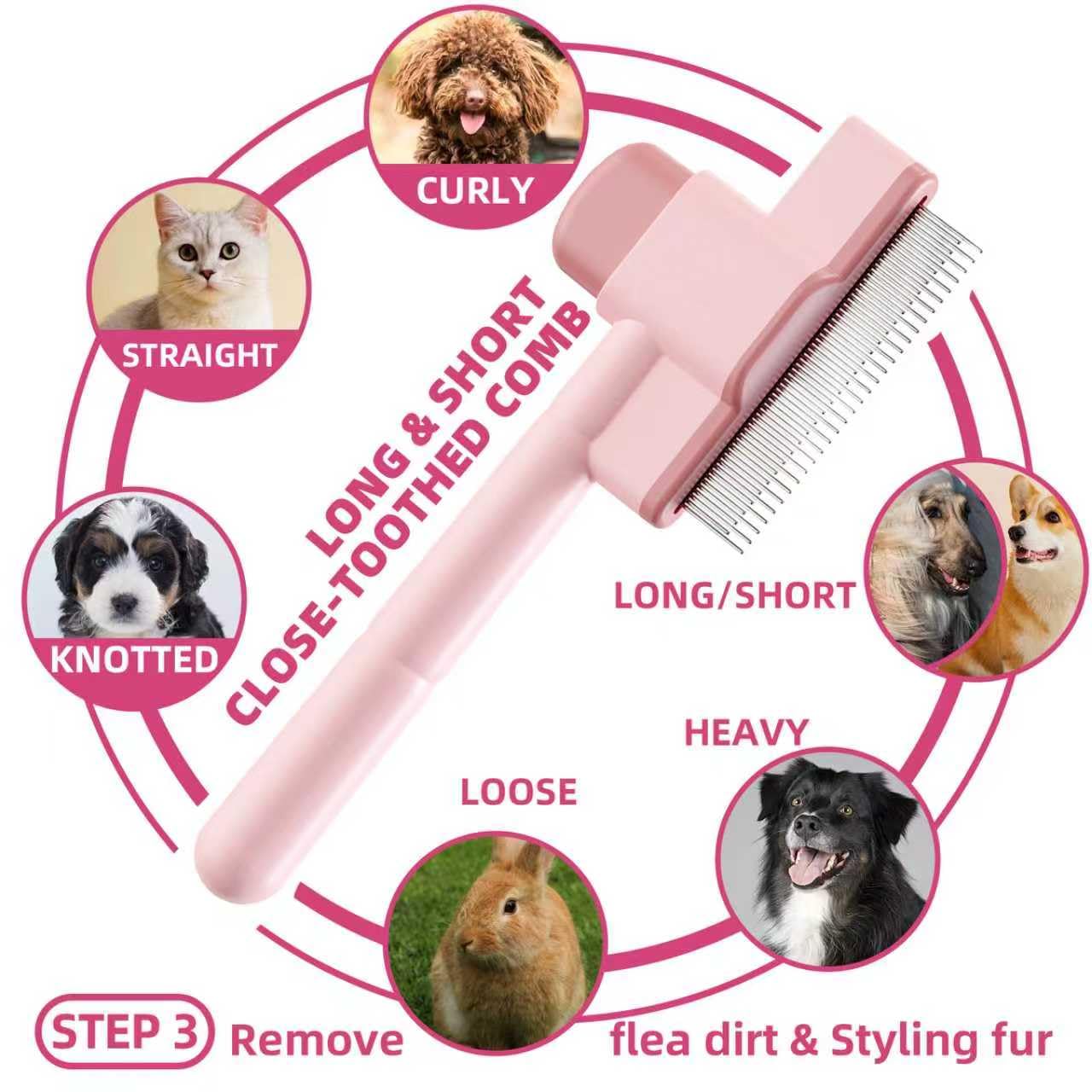 Pet Grooming Kit - 7 PCS Deshedding Brush Set with Slicker, Undercoat Rake, Bath Brush & Nail Clipper for Short & Long Haired Dogs, Cats (Pink) - image 4