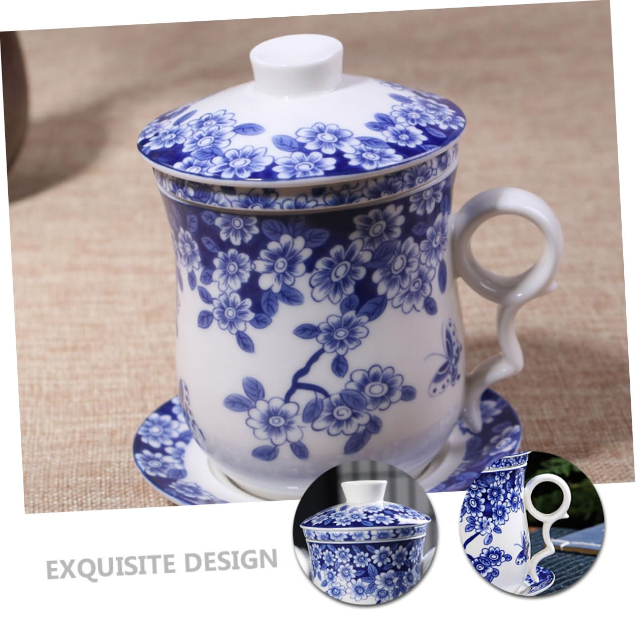 Teetassen Dekorativ und Praktisch Keramik mit Sieb und Untertasse Satz Chinesisches Teegeschirr mit Blauem Ziermuster für Teeliebhaber Zuhause