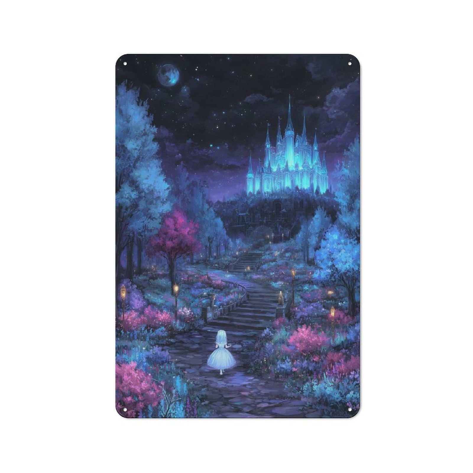 Classic Metal Wall Plaque 30x20cm Featuring Fantasy Castle Night Scene, Creative Space Decor for Workspace, Cafe, Shop Or Desk Area