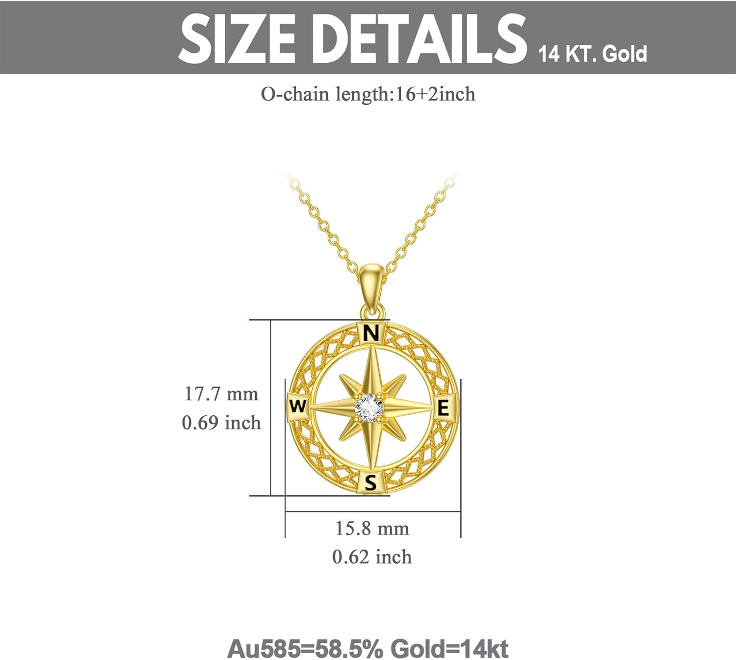 14K Gold Compass Necklace for Women, Yellow Gold Compass Pendant Necklace Travel Jewelry Birthday Christmas Graduation Gift for Mom Daughter Her Wife, 16+2 Inch - Image 4