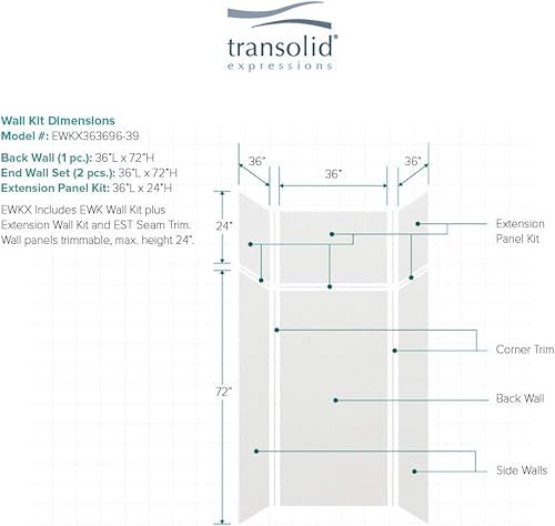 Miniatura 235 de Transolid EWKX483696-41 Expressions - Kit de pared de ducha de 6 paneles con extensión, 36 pulgadas de largo x 48 pulgadas de ancho x 96 pulgadas