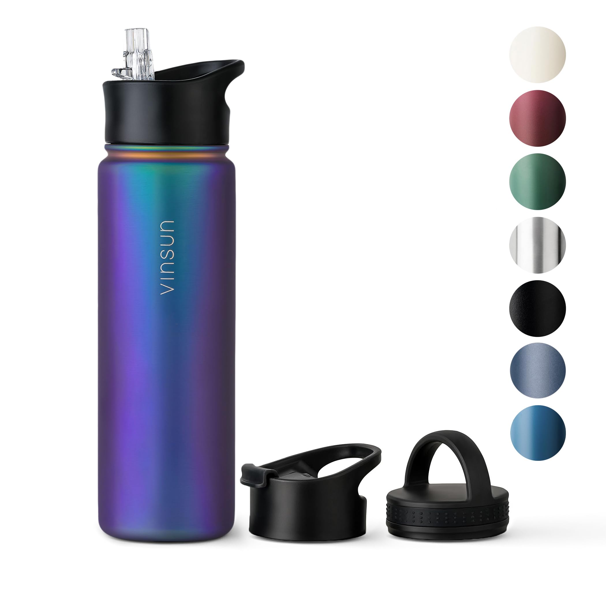 Vinsun Edelstahl Trinkflasche 750ml - Strohhalm, Trinköffnung, Drehverschluss - auslaufsicher, Kohlensäure geeignet - leichte Thermosflasche Sport, Schule, Outdoor, Büro