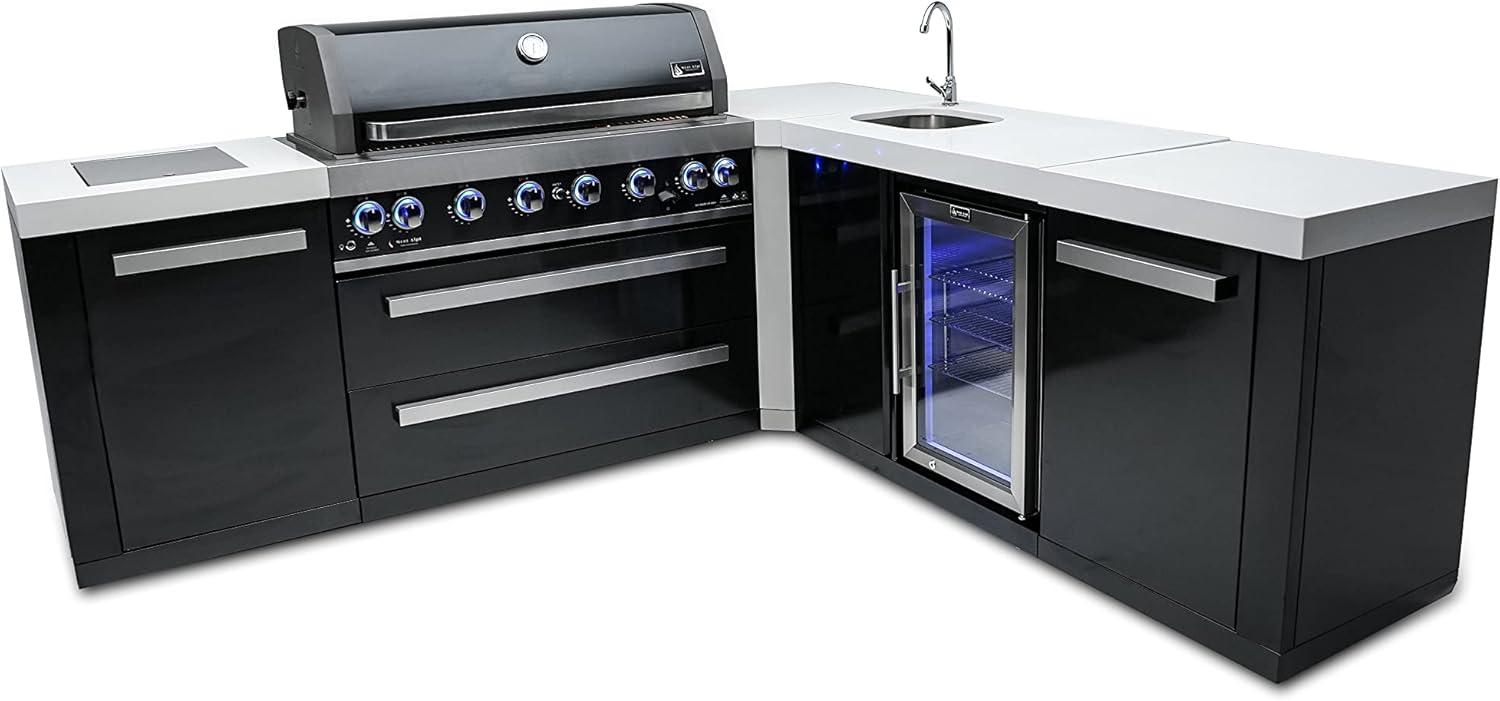 Mont Alpi Premium 94"W x 88"D L-shaped Black Stainless Steel Modular Outdoor Kitchen Island with Beverage Center Refrigerator Faucet & Sink + 44"W 6-Burner BBQ Gas Grill + Storage Cabinets & Drawers