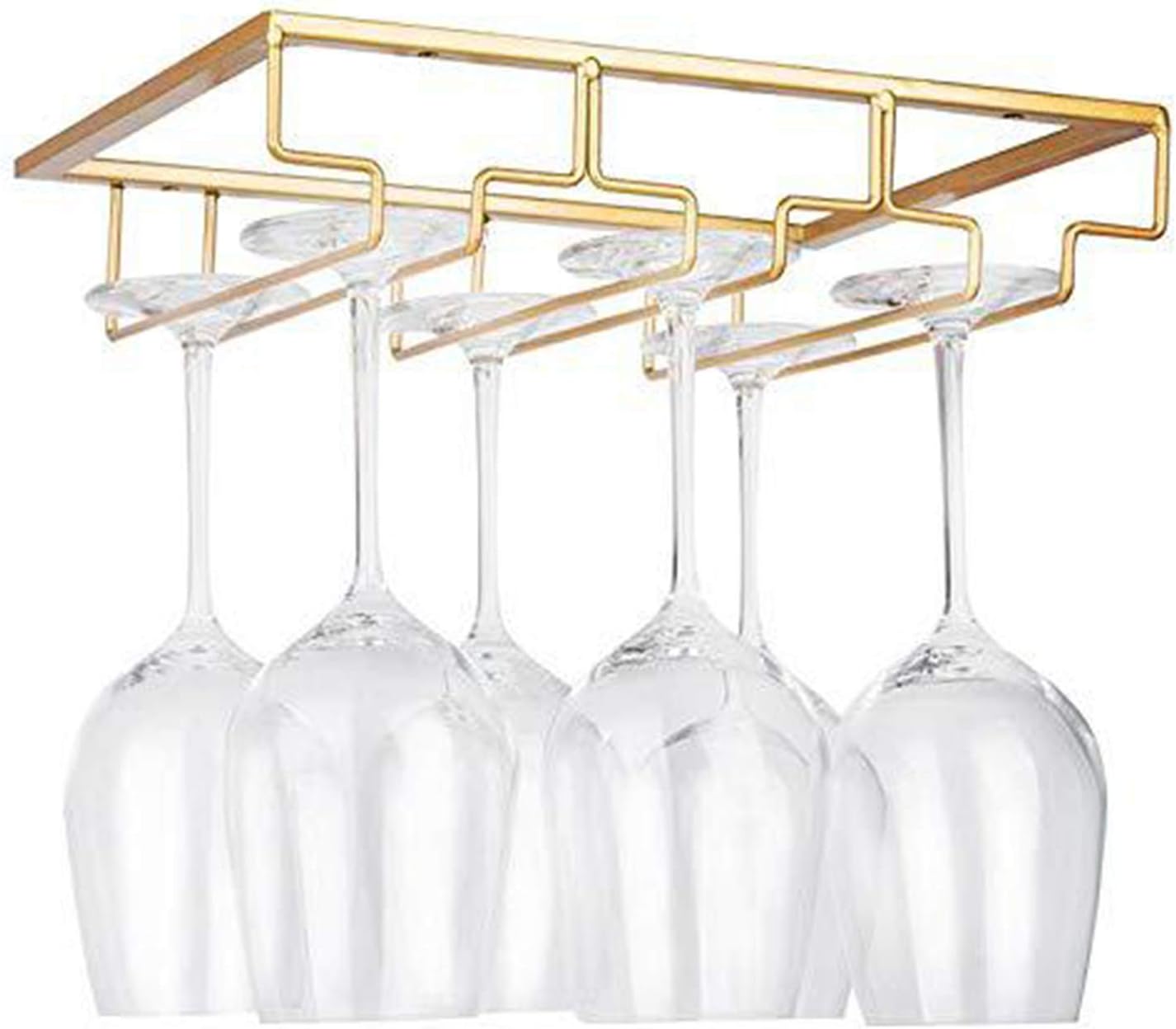 Wine Glass Rack Under Cabinet Stemware Rack,Metal Wire Wine Glass Hanger Holder for Cabinet Kitchen Bar 3 Rows for 6-9 Glasses (Gold)
