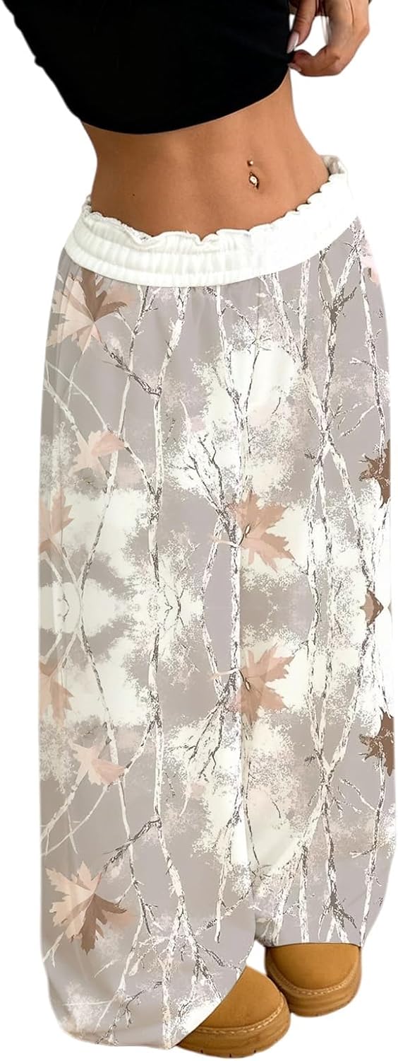 Women's Camo Maple Leaf Print Sweatpants Elastic Waist Baggy Wide Leg Joggers Casual Trousers - Image 2