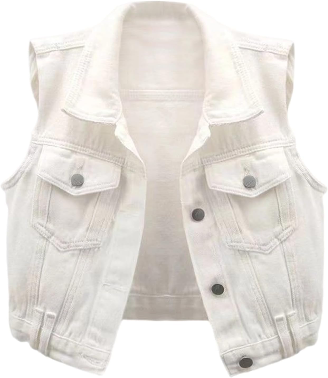 Generisch Women's Sleeveless Short Denim Vest, Casual Layering for Daily Commuting with Pocket Design (White, S)