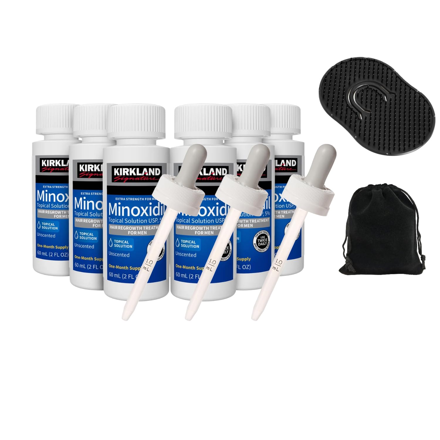 Kirkland Signature Extra Strength Minoxidil 5% Topical Solution (6-Month Supply) with 3x Droppers and Genco Hair Massager and Travel Pouch | Growth Treatment and Hair Loss Prevention, 2 Fl Oz, 6 Pack