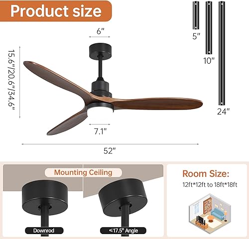Miniatura 7 de Sofucor Ventilador de techo de 60 pulgadas con luces, control remoto, aspas de nogal, luz regulable, reversible, motor de CC, ventiladores de techo
