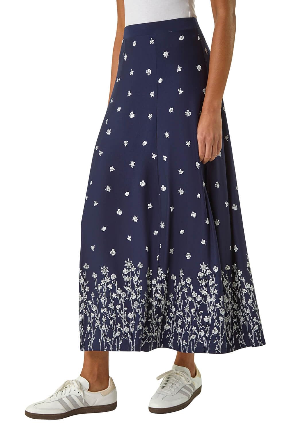 Roman Originals Women's Floral Navy Jersey Skirt For Uk - Midi Maxi Floral Animal Print Summer Spring Holiday Swing Smart Casual Work Cocktail Party Going Out Holiday Cruise - Size 16