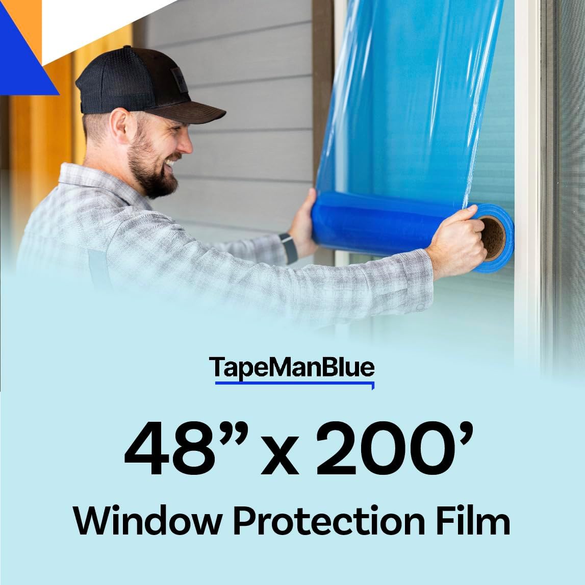 Window Protection Film, 48 inch x 200 feet, Made in USA, Strongest and Most Durable Window Protection Film for Construction, Blue Self-Adhesive Temporary Glass Protection Tape