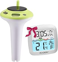 Raddy PT-5 TN Thermomètre de Piscine Sans Fil Flottant, Étanche IPX8, Affichage Température et Humidité Intérieure, Réveil, Solaire & Batterie, pour Spa, Étang, Aquarium