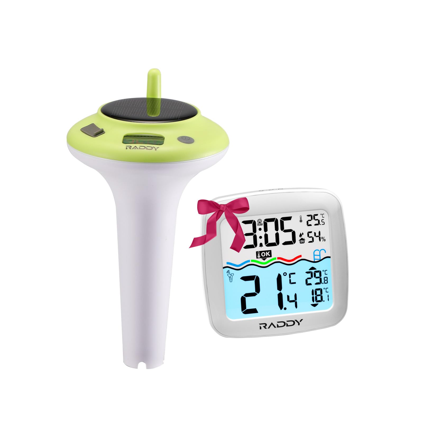 Raddy PT-5 TN Termómetro Inalámbrico para Piscina Flotante, IPX8, Resistente al Agua, Solar y Batería, Termómetro Digital con Temperatura Interior / Exterior y Humedad para Piscina, Jacuzzi, Estanque