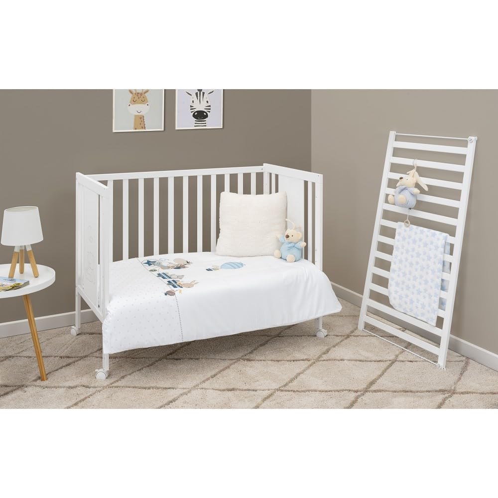 Interbaby Cuna Bebé Colecho Convertible 124x63 cm | Cuna Evolutiva de Madera con Lateral Abatible, Altura Regulable y Ruedas con Freno | Cuna Convertible en Escritorio y Sofá | Blanca Bear Basic