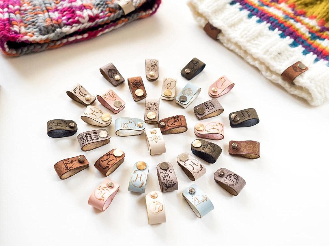 Custom Small Leather Labels for Knitted Items, Personalized Crochet Tags, Leather Labels for Knitted Handmade Items, Knitted Beanie Tags with Screw-On Flat or Ball Rivets