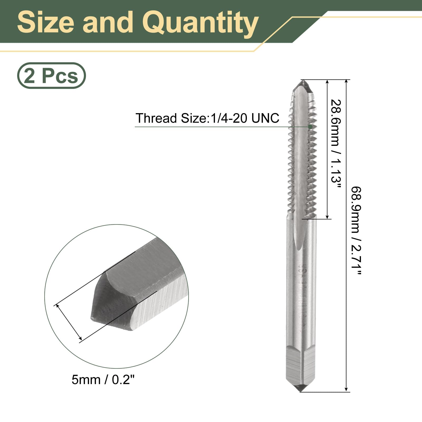 uxcell 2pcs Hand Plug Tap 1/4-20 UNC 2B Thread Plug Style Taps Straight Flute Screw Tapping Threading Tool High Speed Steel HSS6542