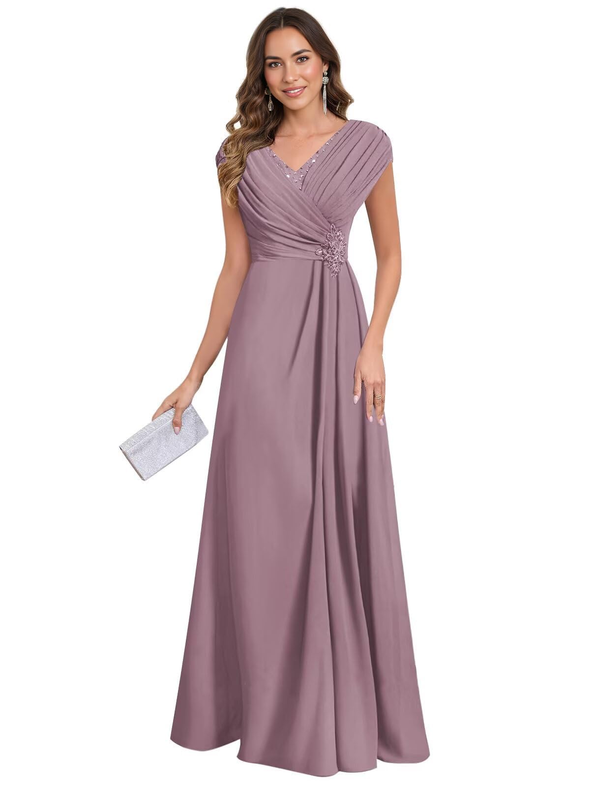 HUINI Chiffon Mutter der Braut Kleider für Hochzeit Cap Ärmel Plisserte A Linie formelle Abendkleider