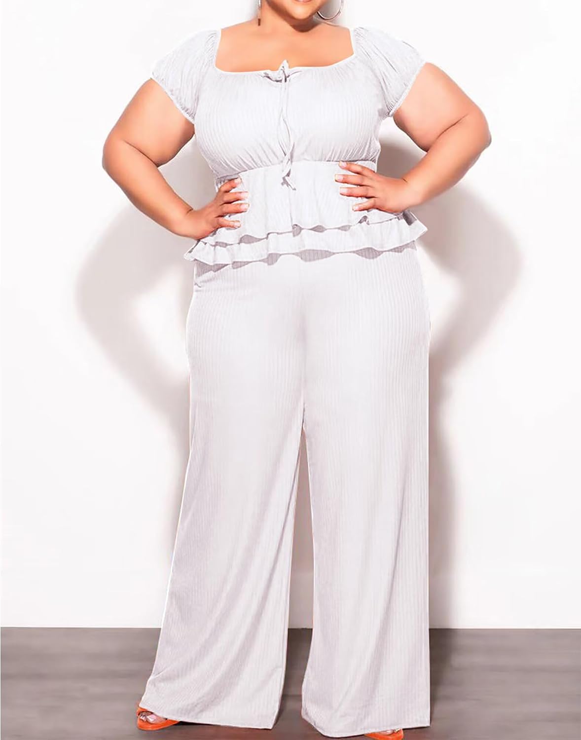 CXXQ Plus Size 2Piece Sets for Women Summer Outfits Travel Airport Vacation Off Shoulder Wide Leg Pants Suits