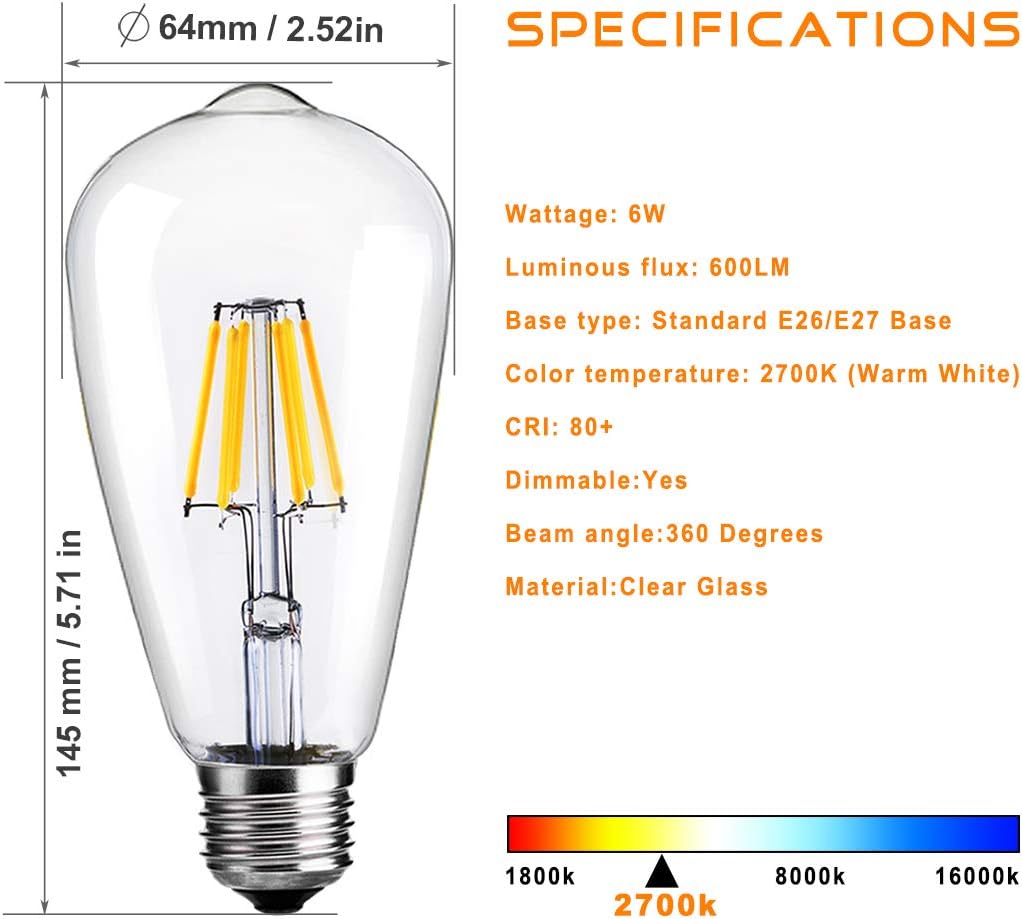 LUXON LED Edison Bulb Dimmable,Vintage Light Bulbs 2700k Warm White 60W Equivalent E26 Edison Bulb 6-Pack