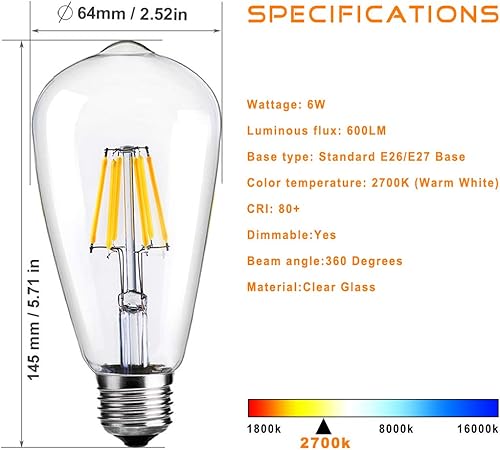 Miniatura 4 de LUXON Bombilla LED Edison regulable, bombillas vintage de 2700 K, blanco cálido equivalente a 60 W, bombilla Edison E26, paquete de 6 unidades