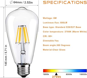 LUXON LED Edison Bulb Dimmable,Vintage Light Bulbs 2700k Warm White 60W Equivalent E26 Edison Bulb 6-Pack