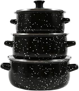 3Pcs Enamel Stockpot with Lid Cookware Heat Resistant Multiuse Easy to Clean with Double Handles Soup Pot for Bridal Shower, black