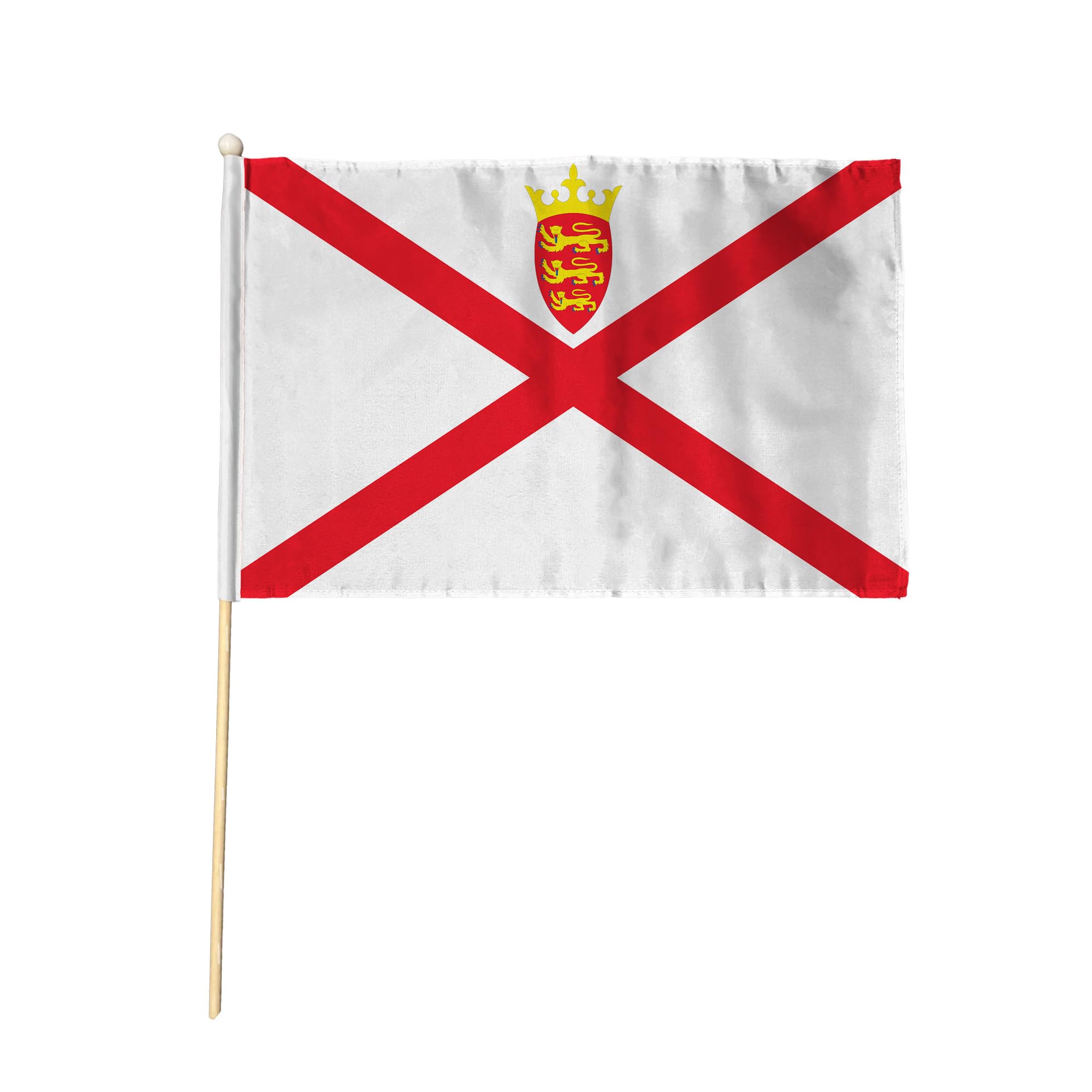 Flagtex Jersey Hand Waving Flag (18x12 Inch Large) - Premium Wooden Stick Hand Flag Big Size Natural Wood Pole Channel Islands White Red Diagonal Cross Coat Arms Flag โ image 1