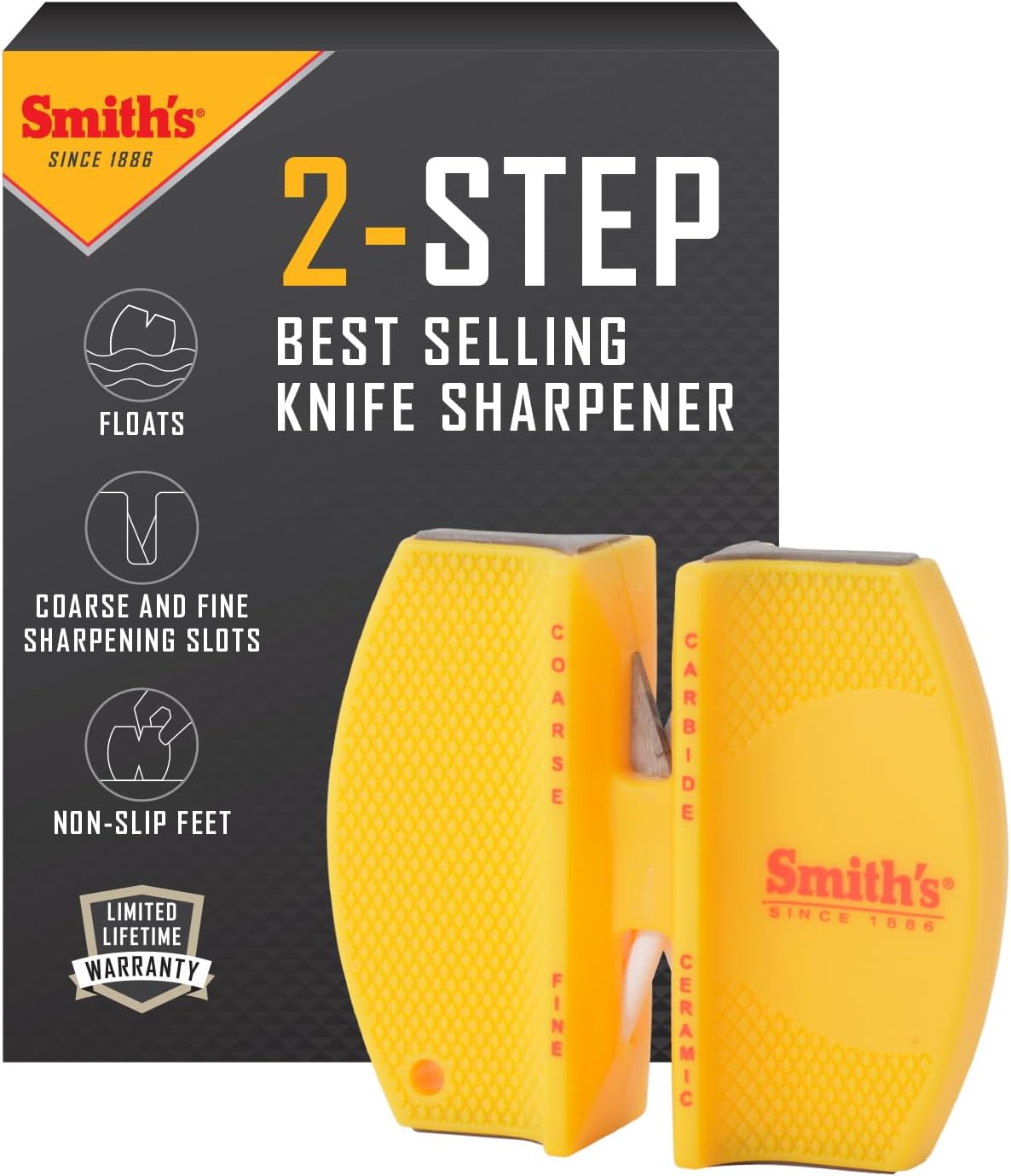 Smith's CCKS 2-Step Knife Sharpener - Yellow - 2-Step Preset Coarse & Fine Slots - Outdoor Handheld Knife Sharpener - Fishing, Hunting, Fillet, Pocket Knives - Compact Plastic Portable Keychain Tool
