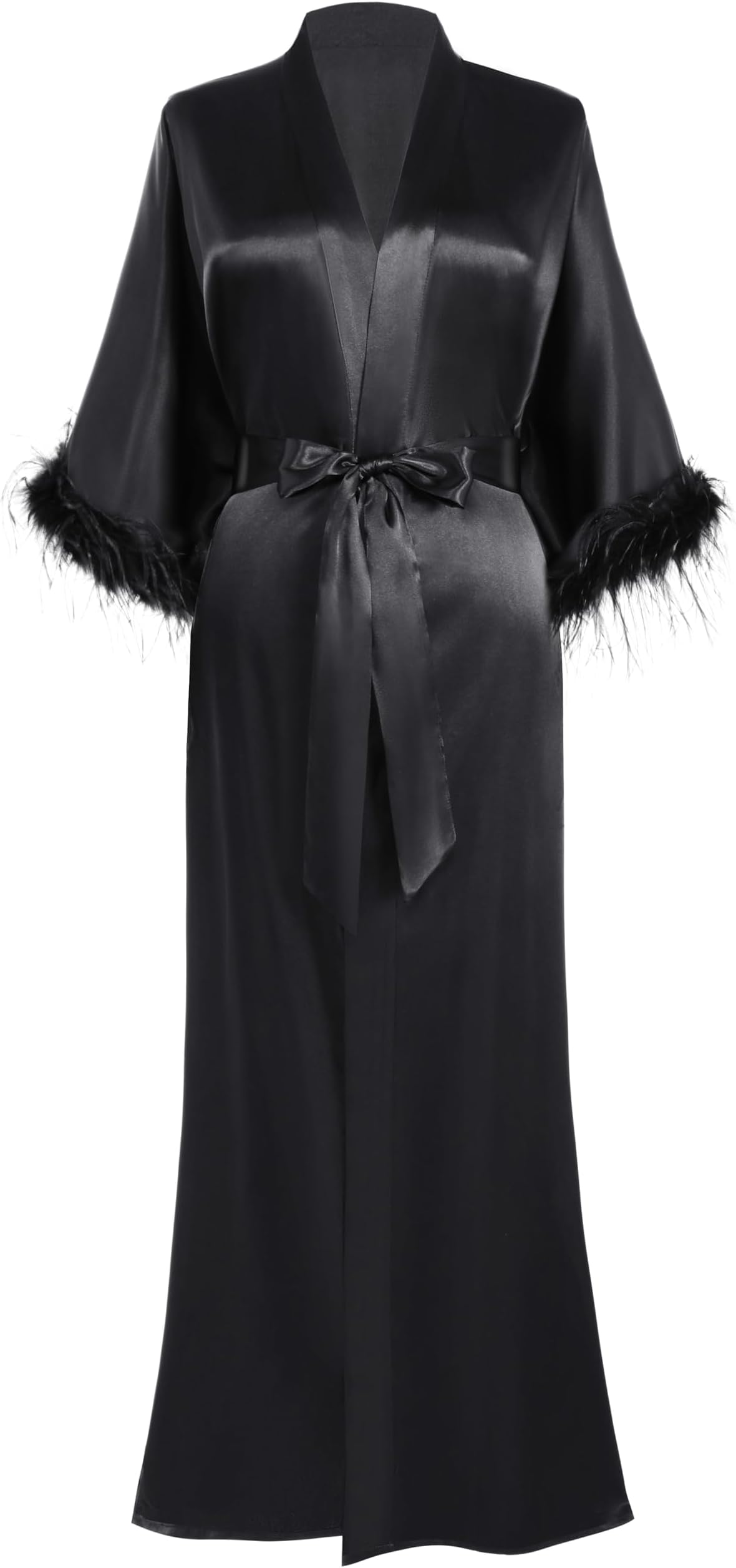 Satin Kimono Robe Long Silky Bath Robe with Ostrich Feather Trim Sleepwear Wedding Bridesmaid Robe