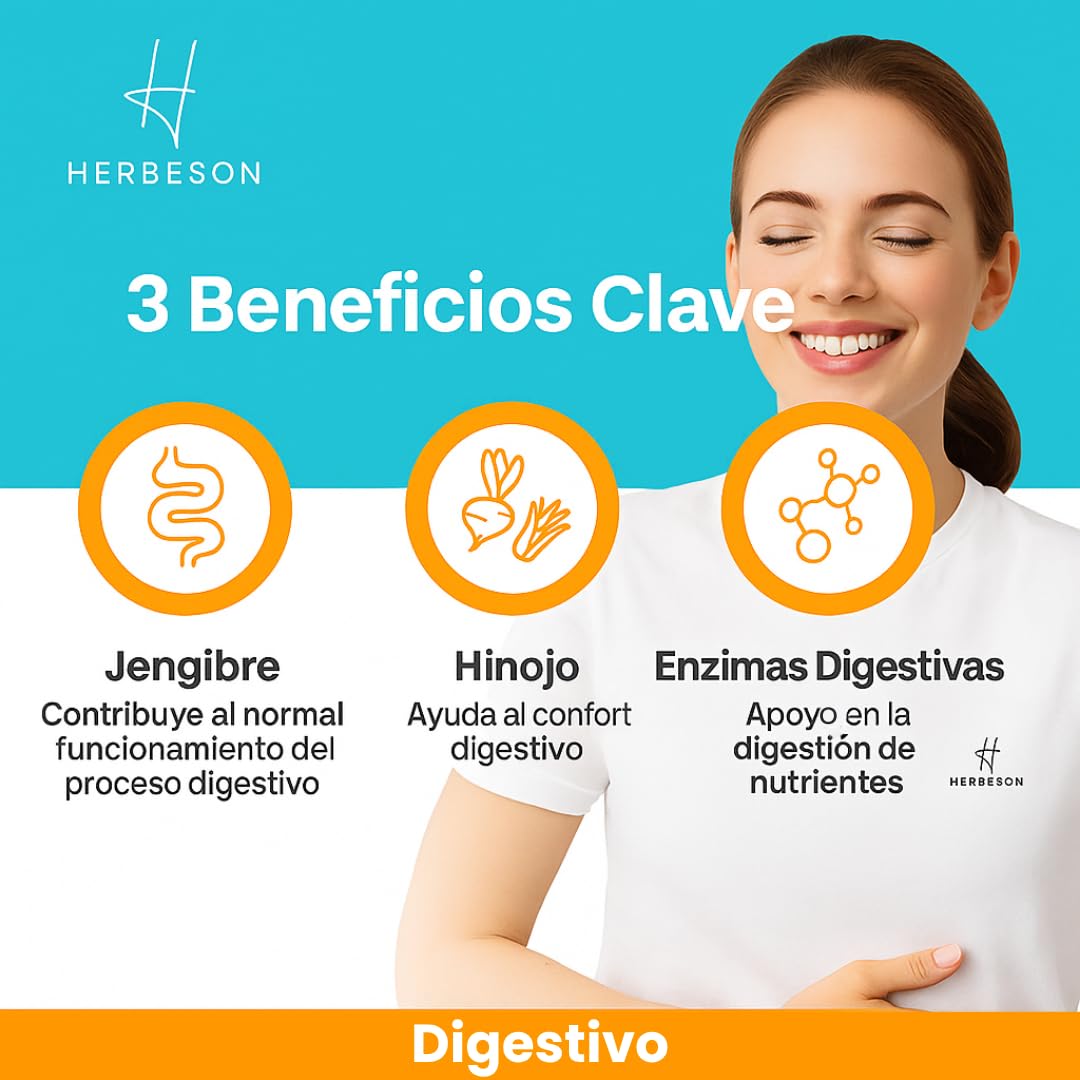 Confort digestivo y vientre plano con Alcachofa, Hinojo y Jengibre – HERBESON HERB DIGEST | Complemento vegano sin gluten con enzimas digestivas y Piña – 60 cápsulas (60)