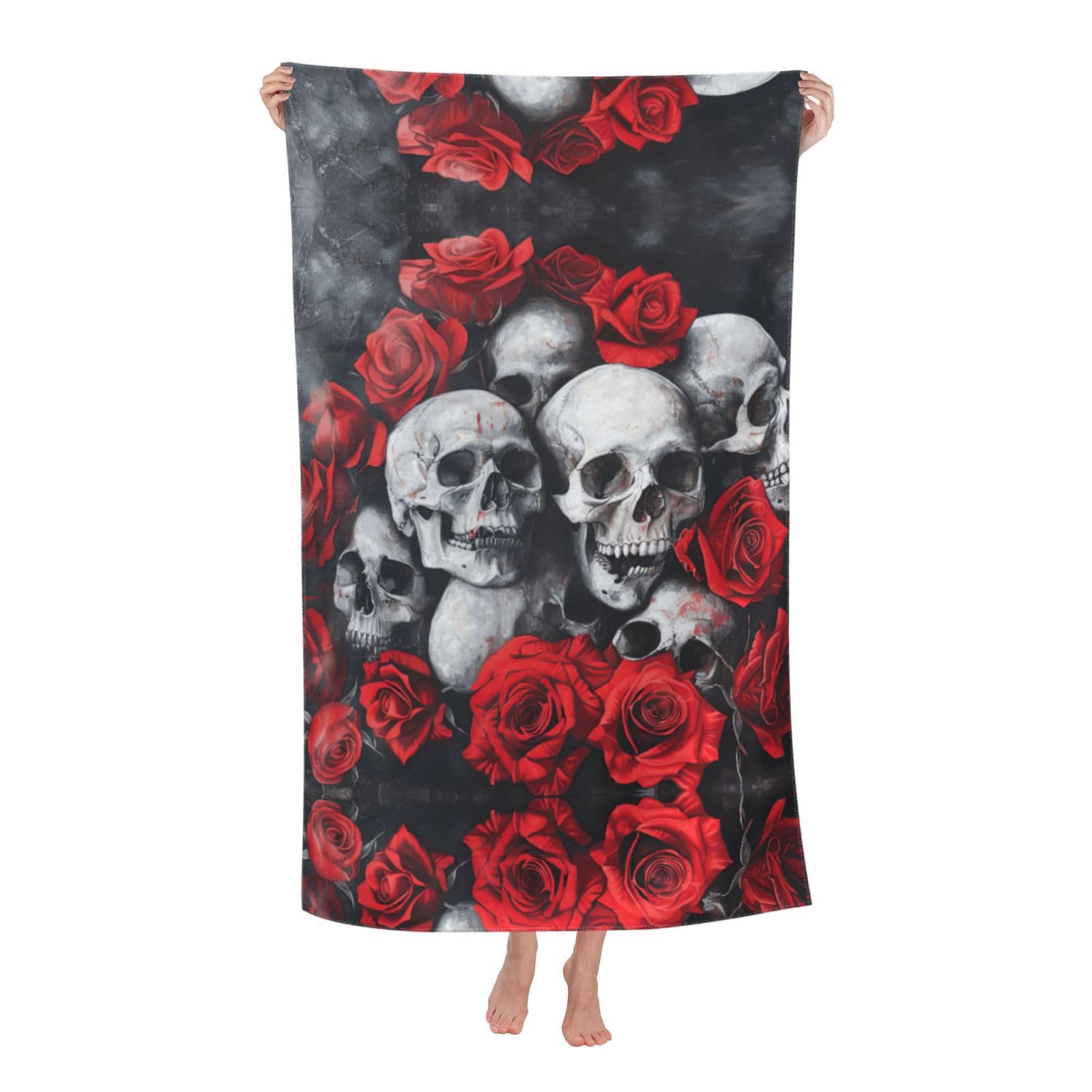 KPXXAQT Skull And Red Rose Print Oversized Adult Beach Towel Quick-Dry Travel Swimming Camping Outdoor Adventures