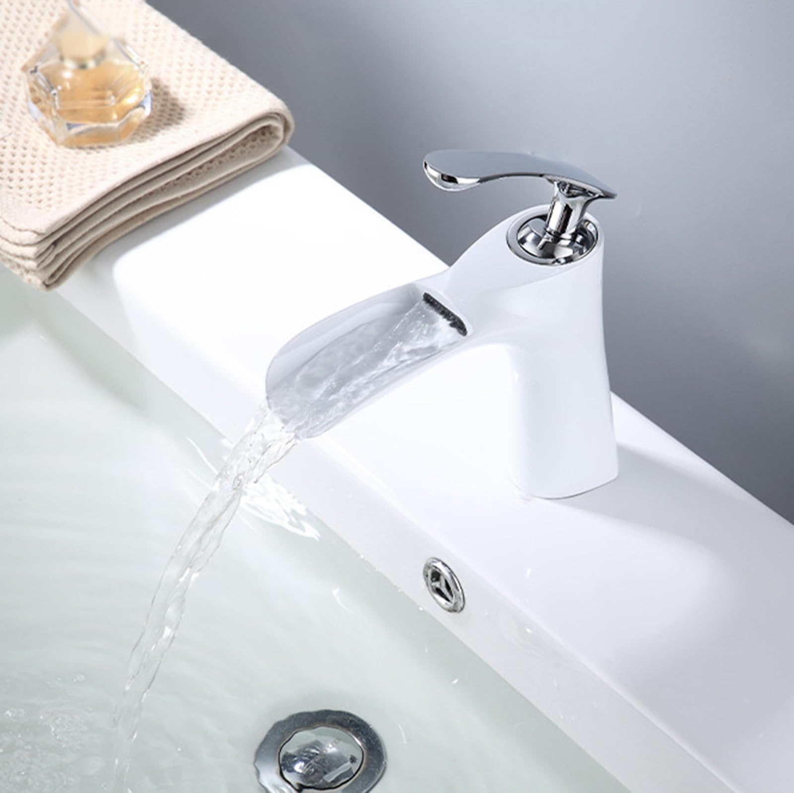 SOHNVWTGD Waterfall Wash Basin Taps Open Single Hole Bathroom Mixer Tap Brass Waterfall Tap,White+Silver