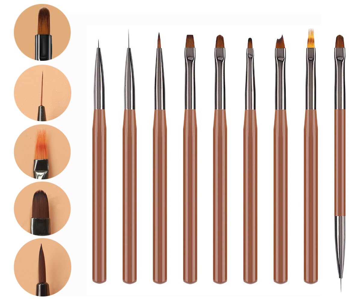MIKOWEN 9PCS Nail Art Brushes Nail Art Tool Set Striping for Long Lines Nail Drawing Pen For Nail Design Brushes for Gel Polish Clean Up Brushes 3D