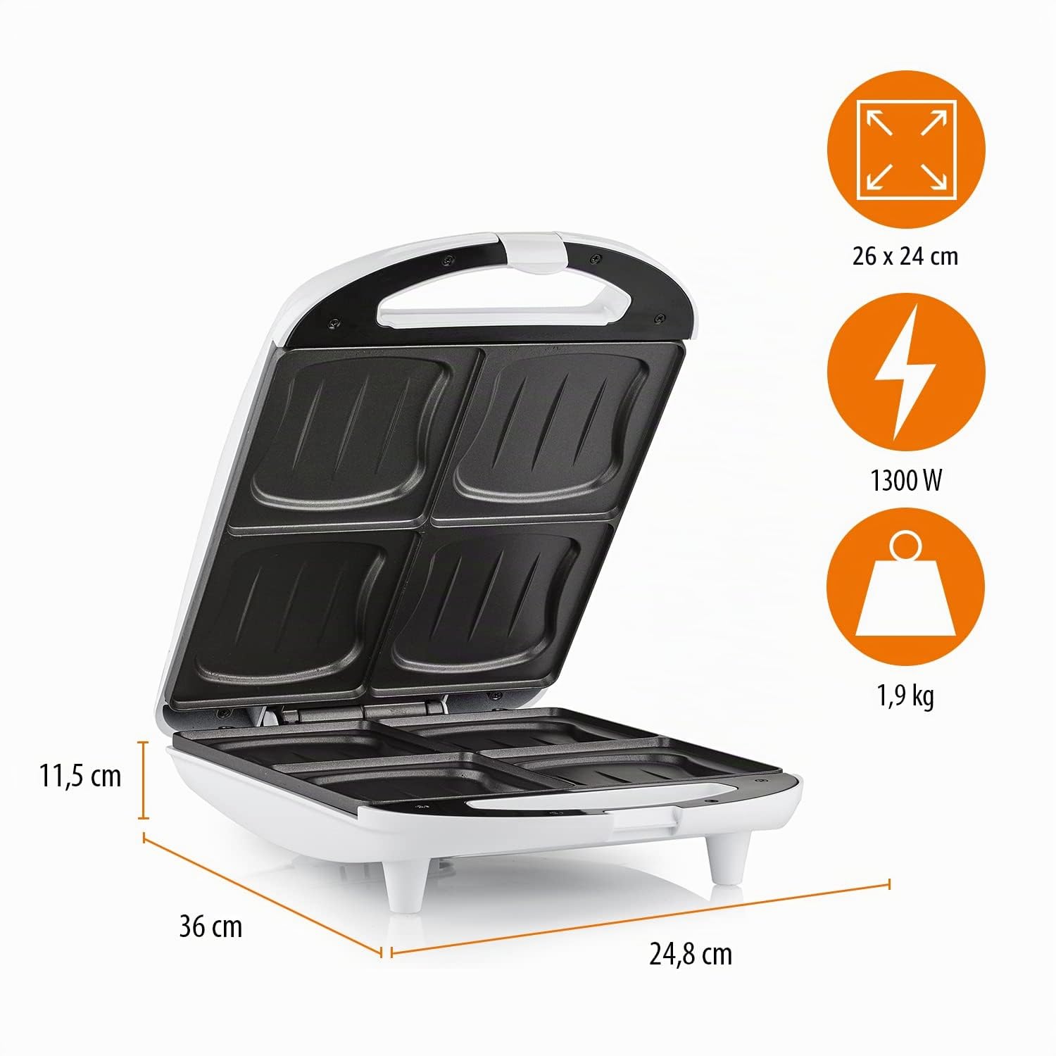 Tristar SA-3065 Sandwichera XL para 4 sándwiches, 1300 W, 26 x 24 cm, Negro/Blanco