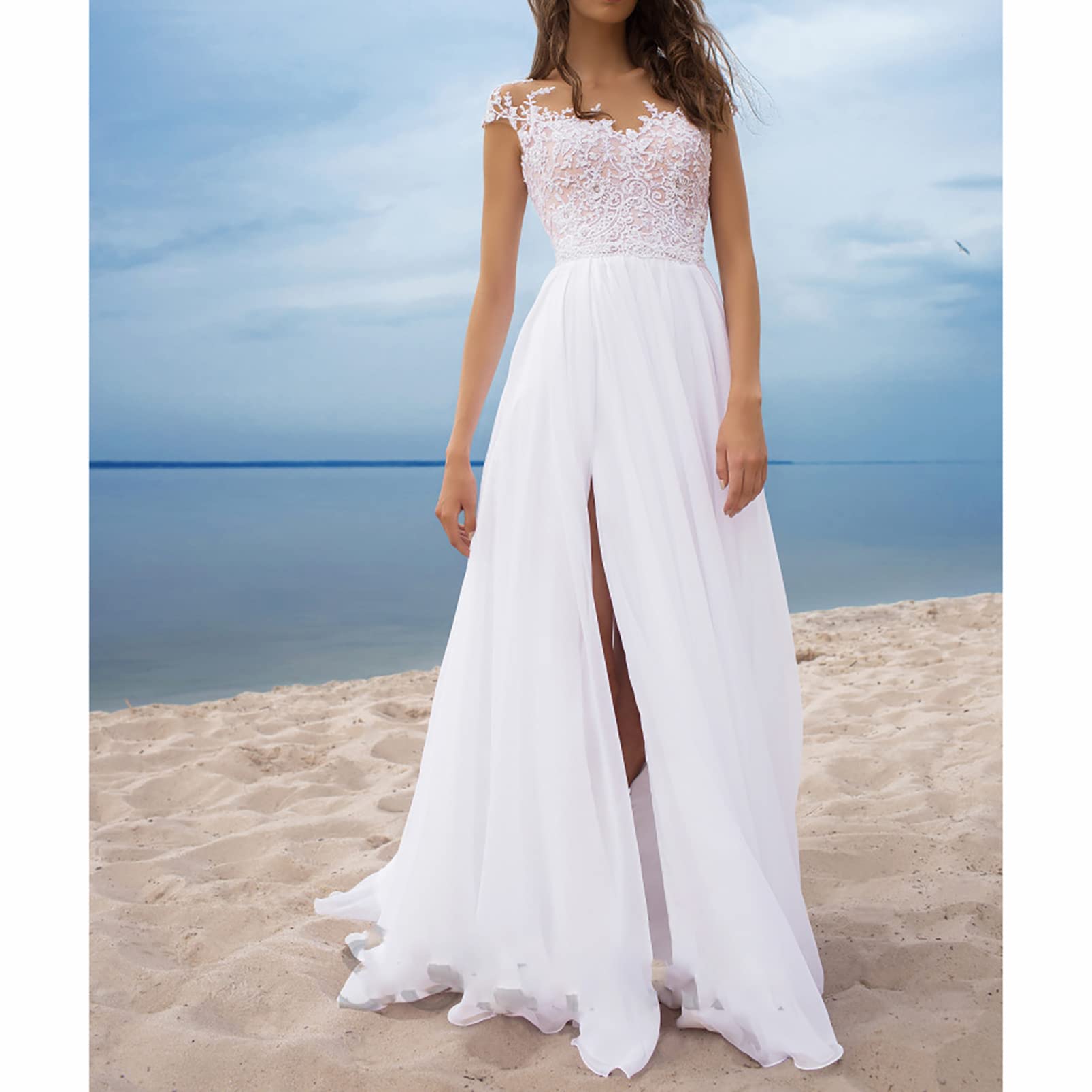 CUTTE Sommer Chiffon Hochzeitsgast Kleid Spitze Boho Brautkleider für Frauen Abend Ballkleider Maxi Schlitz Brautjungfernkleid Kleider mit Schlitz