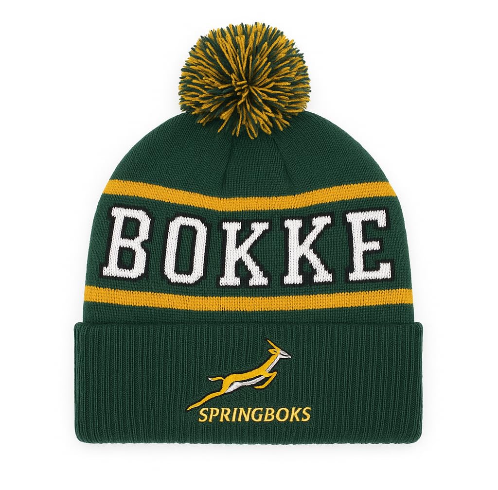 Simply SA Shop South African Inspired Rugby Beanie Hat for Adults β Green & Gold Pom Pom Winter Bobble Hat β 100% Acrylic Knit Cuffed Beanie β One Size Fits Most Men & Women β Rugby Fan Gift