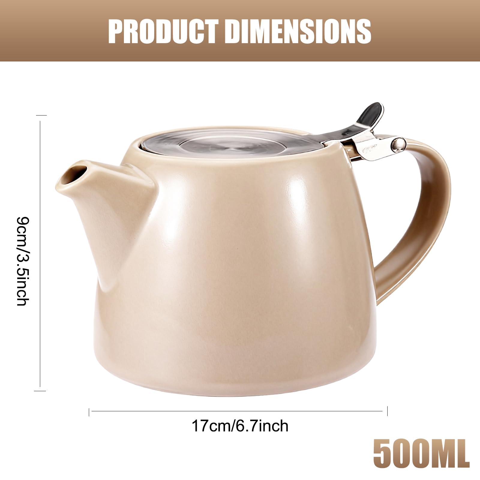 Teekanne mit Siebeinsatz, 500ML Teekanne Keramik Schwarz, Porzellan Tea Pot, Tee Zubehör - Teezubereiter für Losen Tee Isoliert und Tropffrei, Langanhaltende Wärme teingut (Kamel)