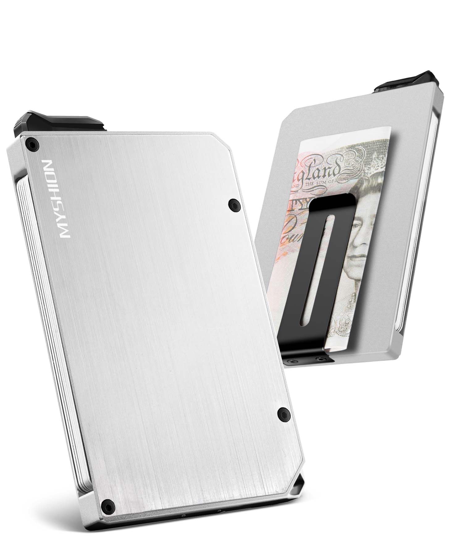Metall Kartenetui Herren mit Geldklammer, Minimalist Pop-Up Slim Wallet, RFID Schutz, Karten Portemonnaie mit Aufhängeloch, Aluminium Card Holder für 6–8 Karten - Silberweiß