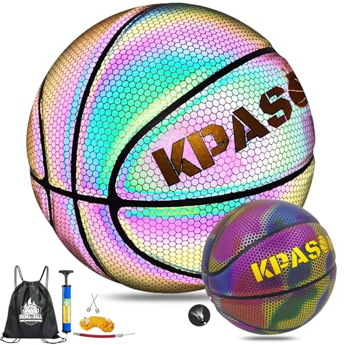 KPASON Basketball Holographic Reflective Glowing Basketball Indoor Outdoor Night Basketball Game Adult & Teens Youth Basketball Gift Composite Leather Basketballs